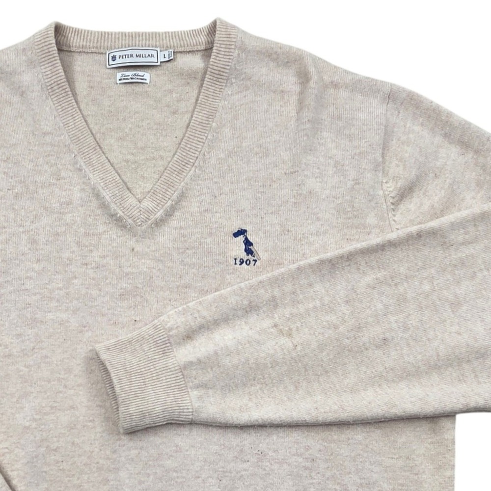 Peter Millar Mens Large V-Neck Sweater Beige Wool Cashmere Cherokee Country Club